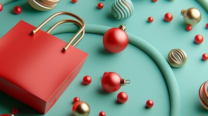 3D Festive Red Gift Bag with Colorful Ornaments. Christmas Theme