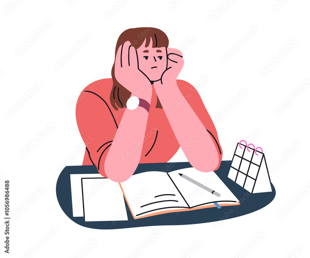 Aufkleber bored woman sitting at desk. tired sad office worker. procrastination, burnout and boredom concept. 