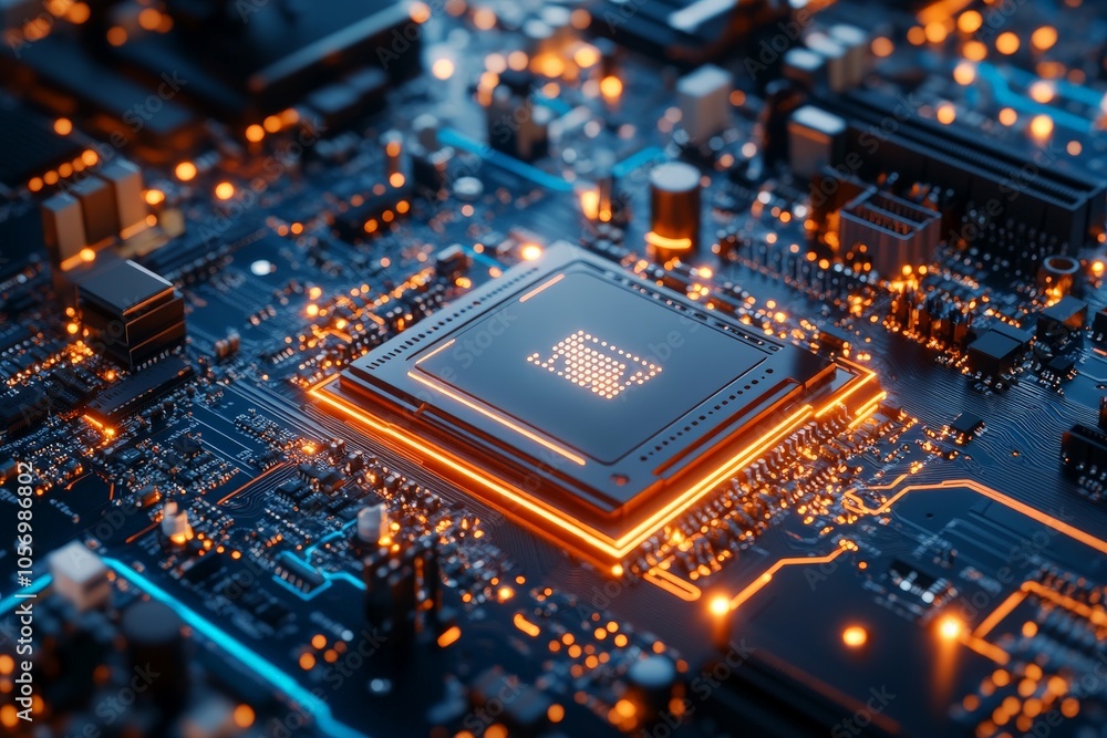 Poster a close-up of a microchip glowing on a high-tech circuit board, symbolizing modern technology and in