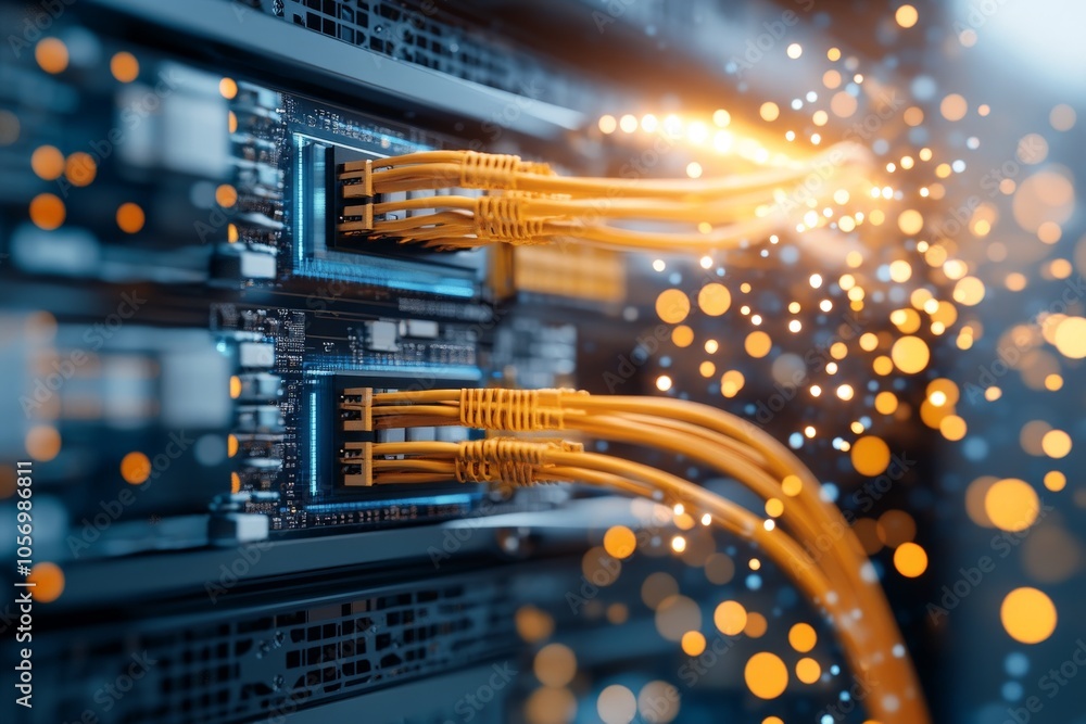 Poster a striking image of network cables intertwined with a circuit board, illustrating vibrant energy and