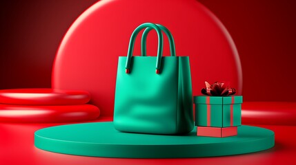 3D Vibrant Gift Bag and Box on Colorful Background. Christmas Theme