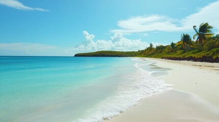 Calm turquoise waves gently reaching a powdery white beach on a sunny day