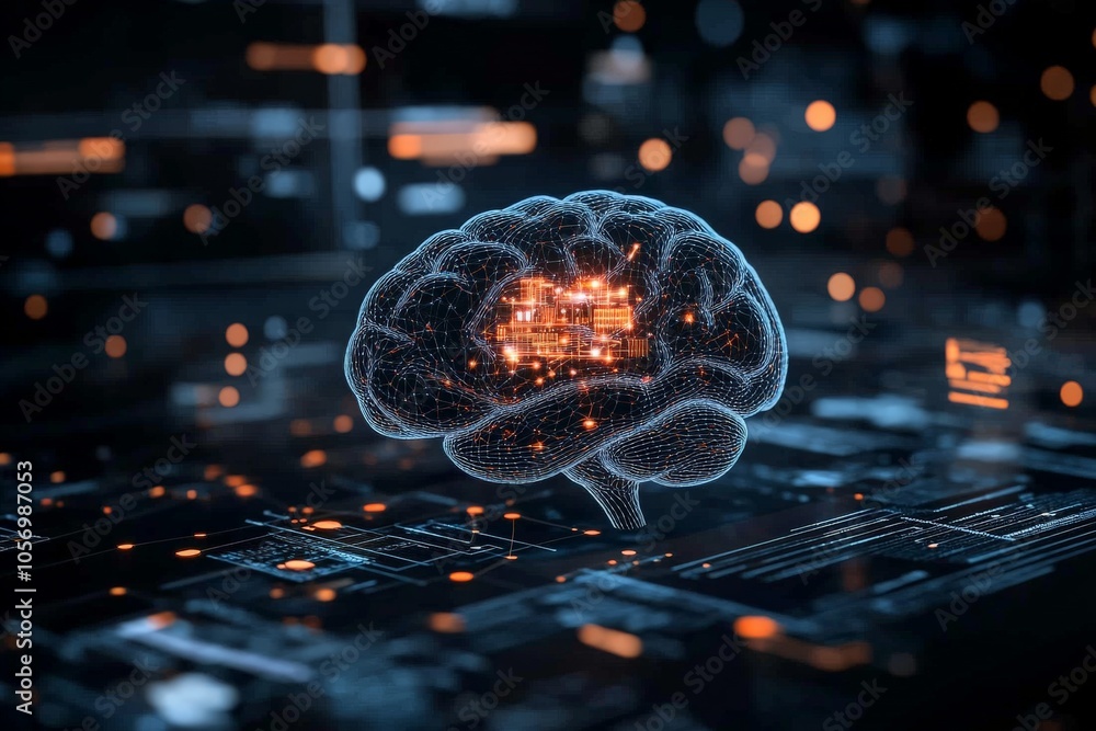 Poster a digital brain with a complex circuit network glows on a dark surface, symbolizing the integration 