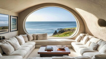 Obraz premium Chic living room with a round window facing out to the calm ocean horizon