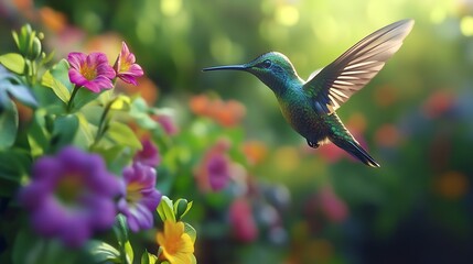 Naklejka premium A hummingbird flying near flowers