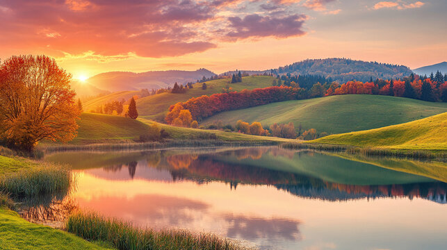 Stunning sunset view over a tranquil lake surrounded by rolling hills and autumn-colored trees.