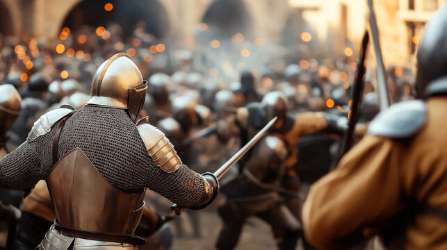 Historical medieval battle scene with armored knights engaged in combat, swords drawn, amidst a blurred background of bustling conflict.
