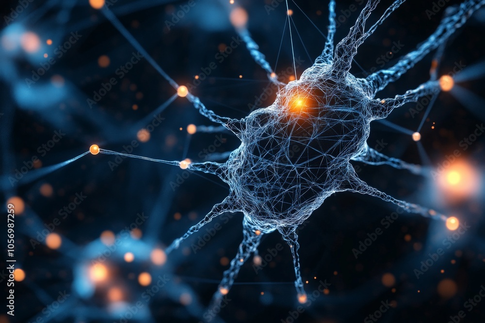 Poster a complex and glowing abstract neuron network with intricate patterns, highlighting connectivity and