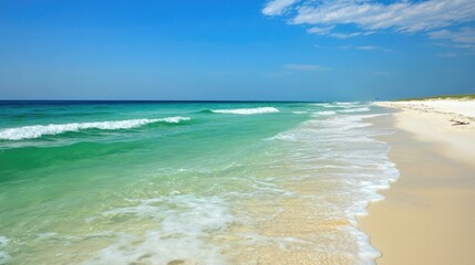 Clean, emerald-colored ocean waters and soft waves lapping at a white sandy beach