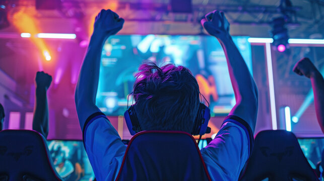 Team of professional esports players celebrating a victory in front of a large screen at a gaming tournament. Esports environment, highlighting teamwork, strategy, and skill in virtual competition