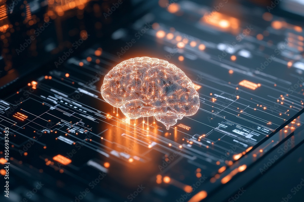 Poster A depiction of a brain using radiant orange circuits, symbolizing the intersection of data and human intelligence within a sleek technological framework.