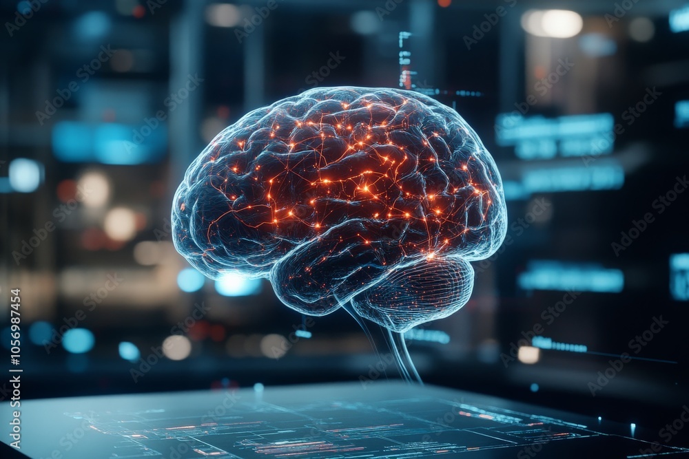 Poster an image showcasing a brain, intricately woven with luminescent circuit patterns, signifying the fus