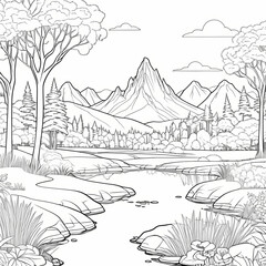 Fototapeta premium Landscape Coloring Book Page - Scenic Nature Illustration