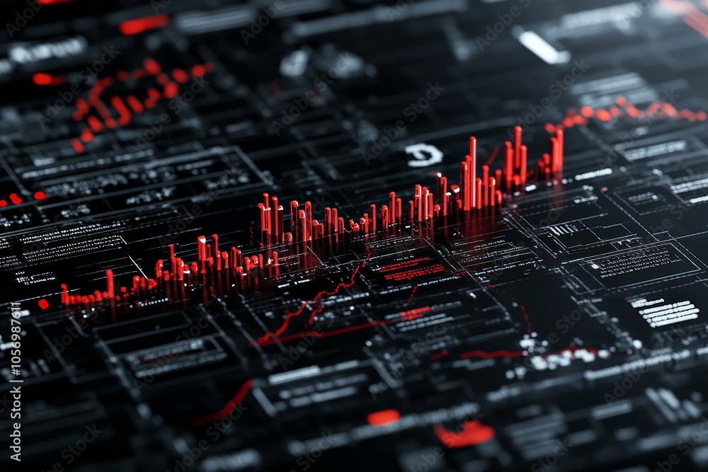 Poster an intricate digital financial graph in black and red colors, highlighting complex data analytics an
