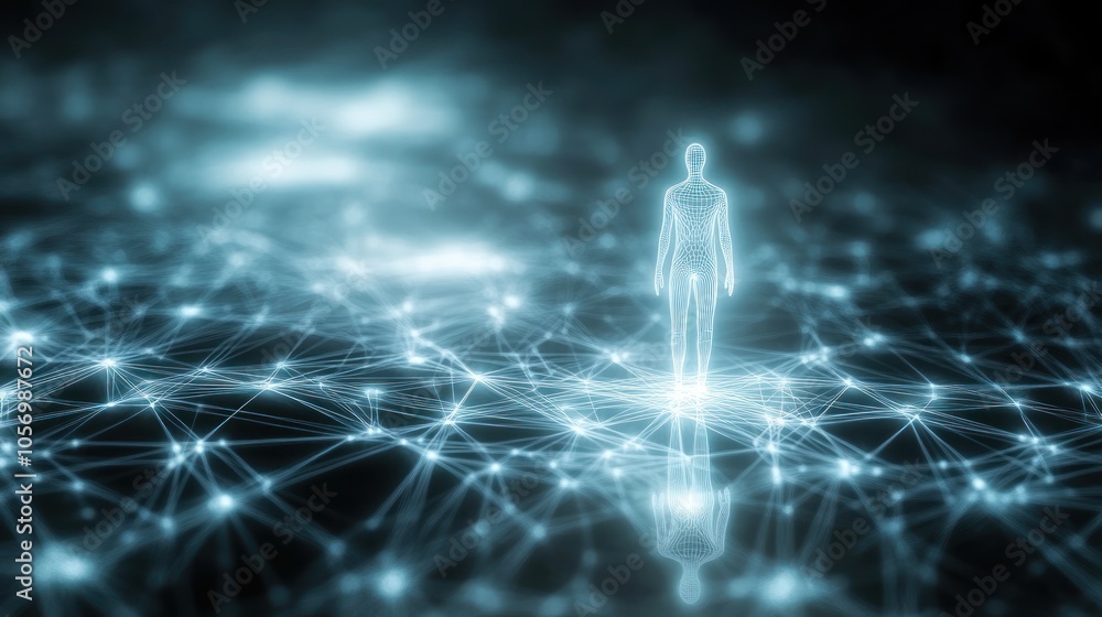 Poster a glowing figure stands amidst a network of interconnected lines, symbolizing connectivity and data.