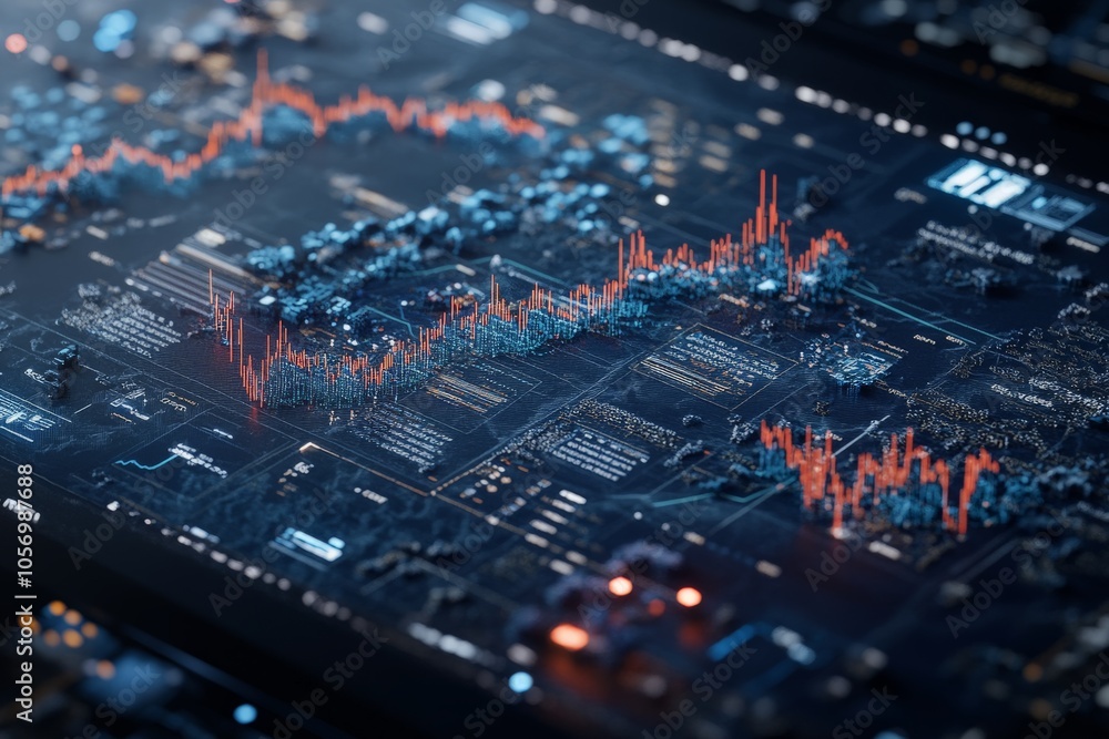 Poster complex digital market charts in blue and red, reflecting data-driven insights and analytics within 