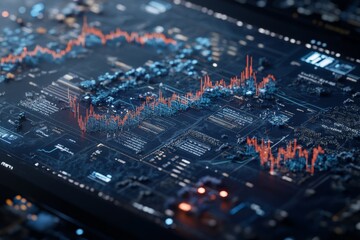 Complex digital market charts in blue and red, reflecting data-driven insights and analytics within a futuristic context of trading and finance.