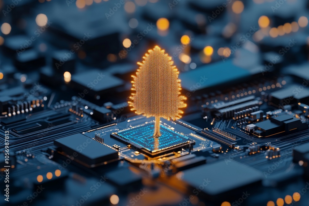 Poster an artistic visualization of a silicon chip with a bright pixelated tree emerging from its surface, 