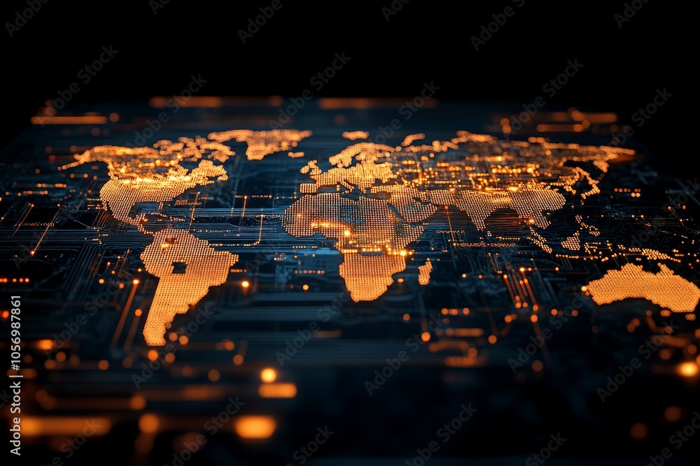 Poster a digital representation of a world map with interconnected glowing lines, symbolizing global connec
