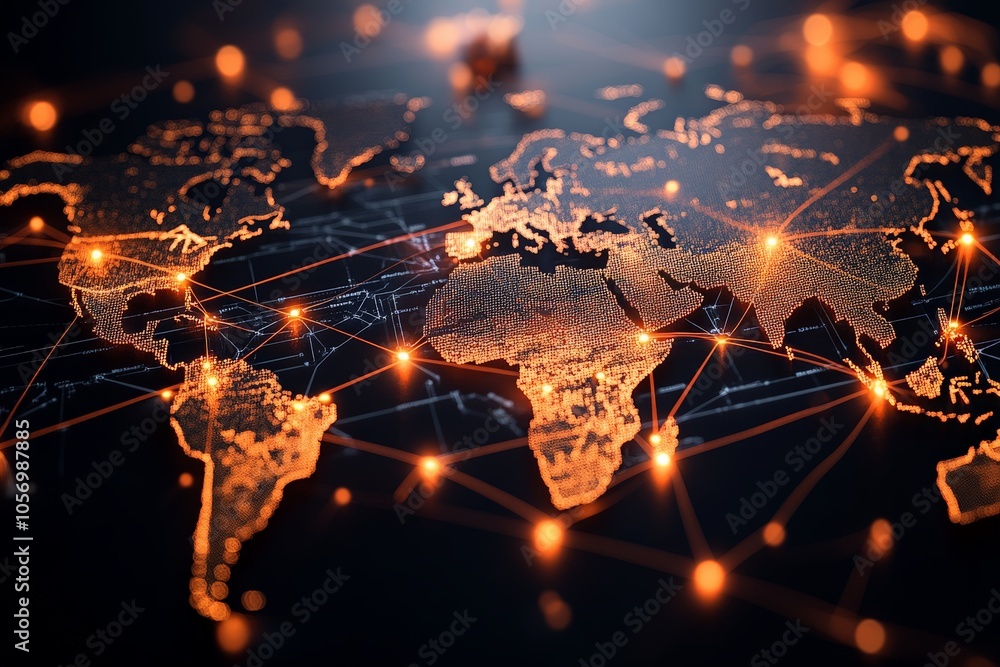 Aufkleber a digitally illustrated world map showcasing glowing network connections, symbolizing technological 