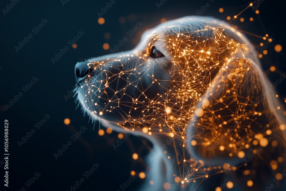 Aufkleber a captivating digital artwork of a dog's head infused with a glowing network mesh, representing the 