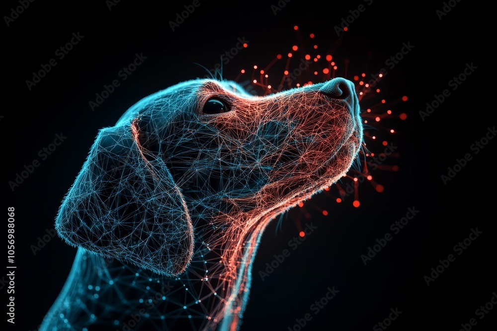 Poster this image features a neon digital wireframe depiction of a dog's head in profile view, with intrica