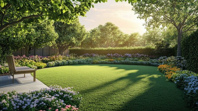 Elegant backyard with manicured lawn, flower borders, and simple wooden bench