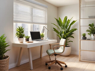 Fototapeta premium Featuring a white desk a green plant and plenty of natural light this is a minimalist home office. modern dining room with table
