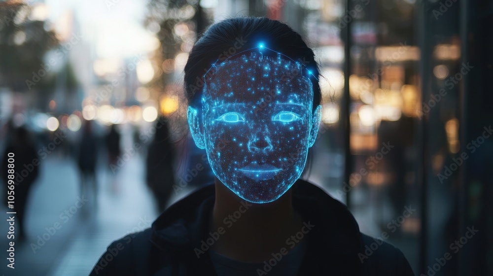 Poster a digital representation of a face with glowing, data-like features in an urban setting.
