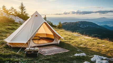 Glamorous camping tent on a hilltop, with panoramic views of the valley below