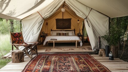 Obraz premium Glamping site with canvas tents in scenic wilderness, perfect for luxurious outdoor stay