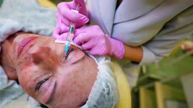 Close-up of a woman's face during a cosmetic procedure, a syringe with a needle touches the skin next to the eyes, creating visible microinjections for rejuvenation.