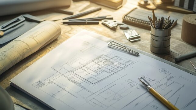 Workspace with architectural plans and drafting tools.