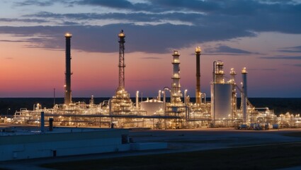 Fototapeta premium Oil refinery plant at sunset, glowing lights, massive industrial complex