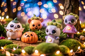 Fototapeta premium Adorable Halloween Monsters in a Haunted Forest with Glowing Pumpkins and Ghostly Figures for Spooky Celebrations
