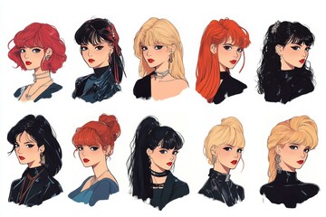 80s-style anime fashion girl icons with bold lines