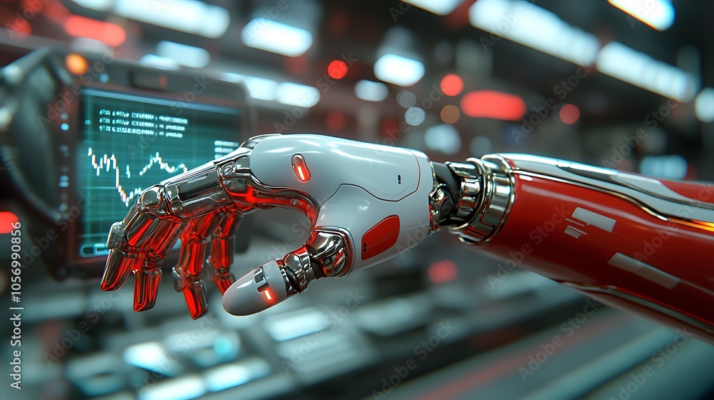 Poster exploring the intersection of humanity and technology a futuristic robotic hand engaging with digita