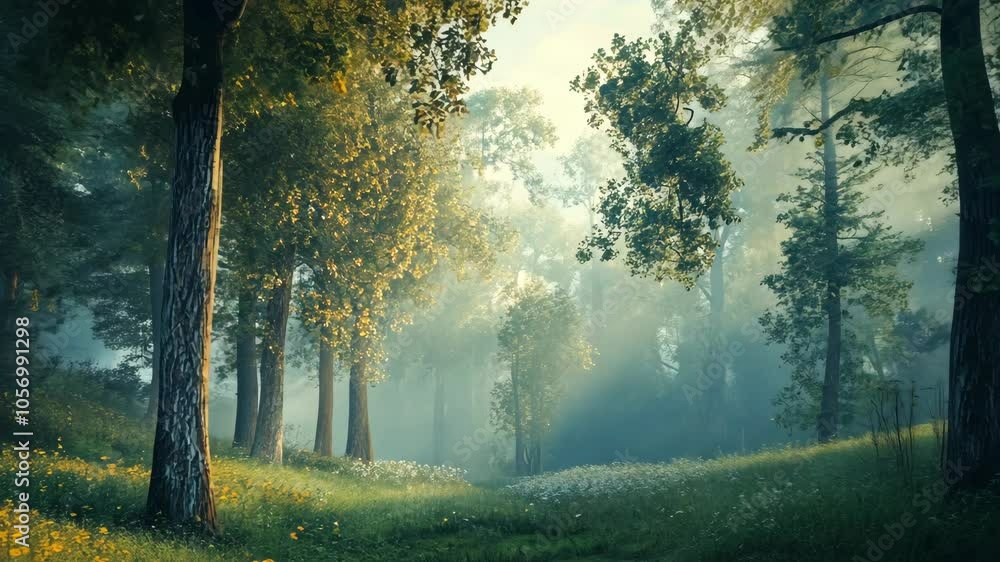 Aufkleber sunlight streams through the trees in a misty forest, creating a magical atmosphere