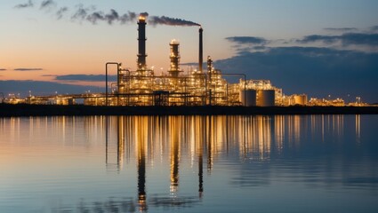 Obraz premium Oil refinery plant reflecting on water, serene yet industrial setting
