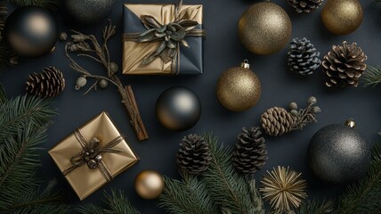 Merry Christmas frame with bauble balls,realistic gifts box and Happy New Year,Christmas poster, greeting cards,Flat lay,Holiday composition,Vector illustration holiday season card design.