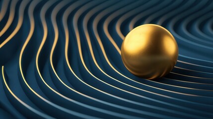 A shiny gold sphere rests on flowing, dark blue waves, creating an elegant and serene visual composition filled with smooth curves and lines.