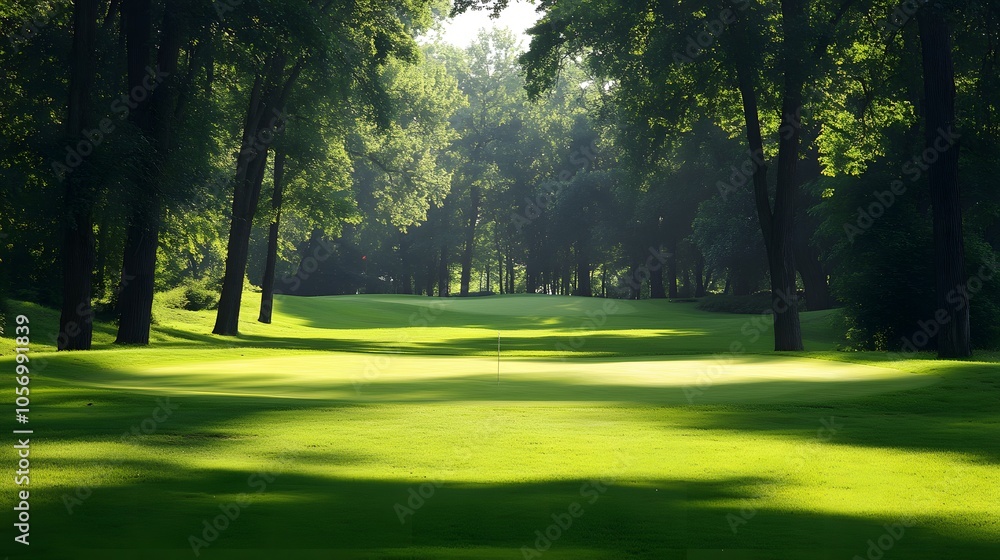 Wall mural A golf course green with a flag in the background of a forest