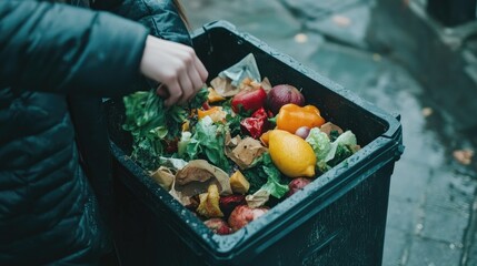 Action shot of girl's hand releasing food into a bin, with food waste in motion, symbolizing environmental consciousness.