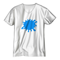 A men’s white V-neck T-shirt with a blue stain splash pattern across the front. 3D illustration.