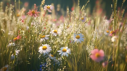 Summer meadow with daisies and chamomile flowers