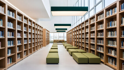 Contemporary library interior design featuring a plain, unadorned wall template. 3D render.