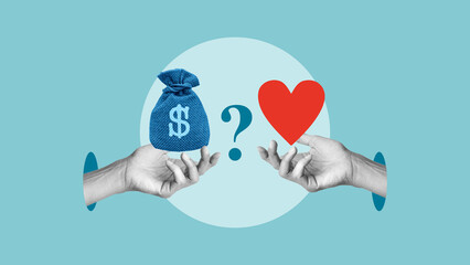 Balancing Work and Family concept. Choosing between love and money as a metaphor in relationships....