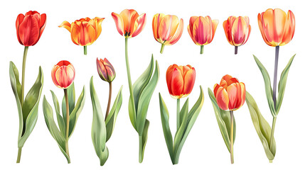 Set of beautiful red and yellow spring tulips on white background. Botanical vintage watercolor illustration. Spring composition for greeting cards, holidays 