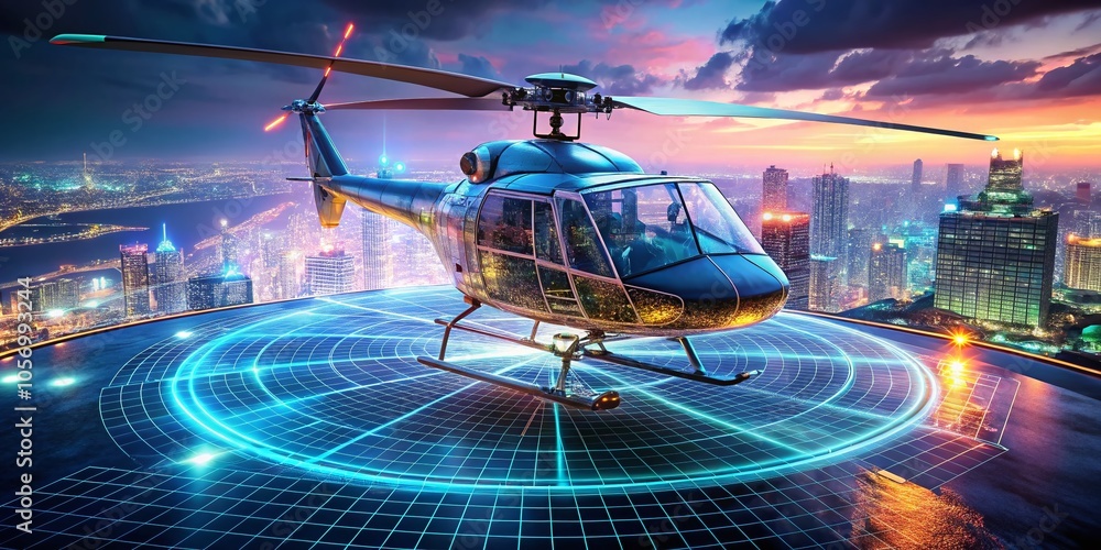 Poster aerial view of a dynamic wireframe hologram helicopter in motion - 3d rendering, futuristic design, 