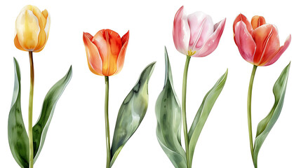 Fototapeta premium Set of beautiful red and orange spring tulips on white background. Botanical vintage watercolor illustration. Spring composition for greeting cards, holidays 